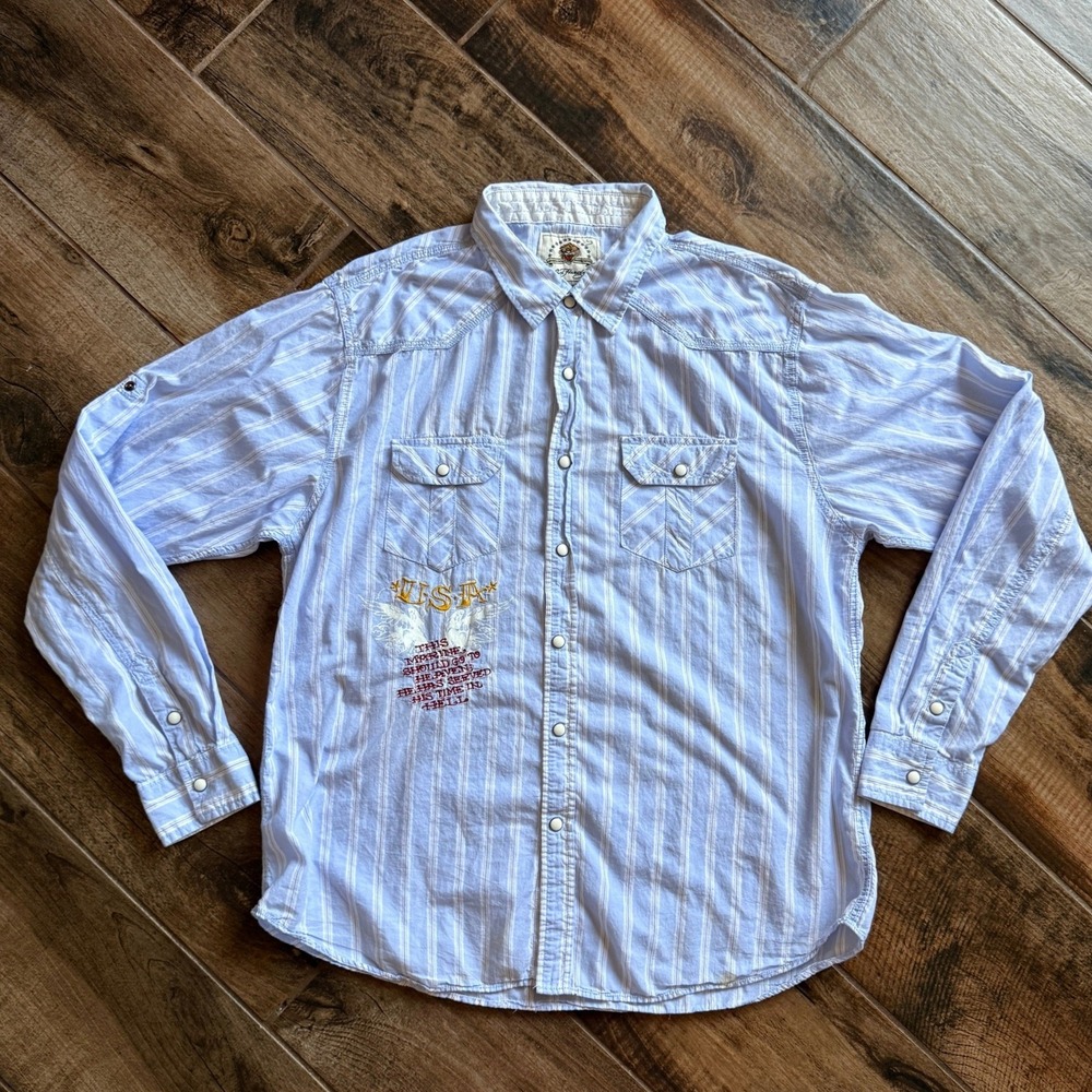 Ed Hardy Vintage Men's Western Marines Bling Stripes Snap LS Shirt, Blue,XL